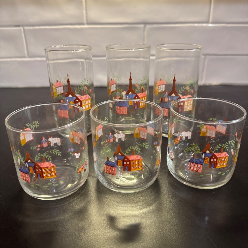 International China Heartland Tumbler Glasses Set of 6 Clear Folk Art Farmhouse